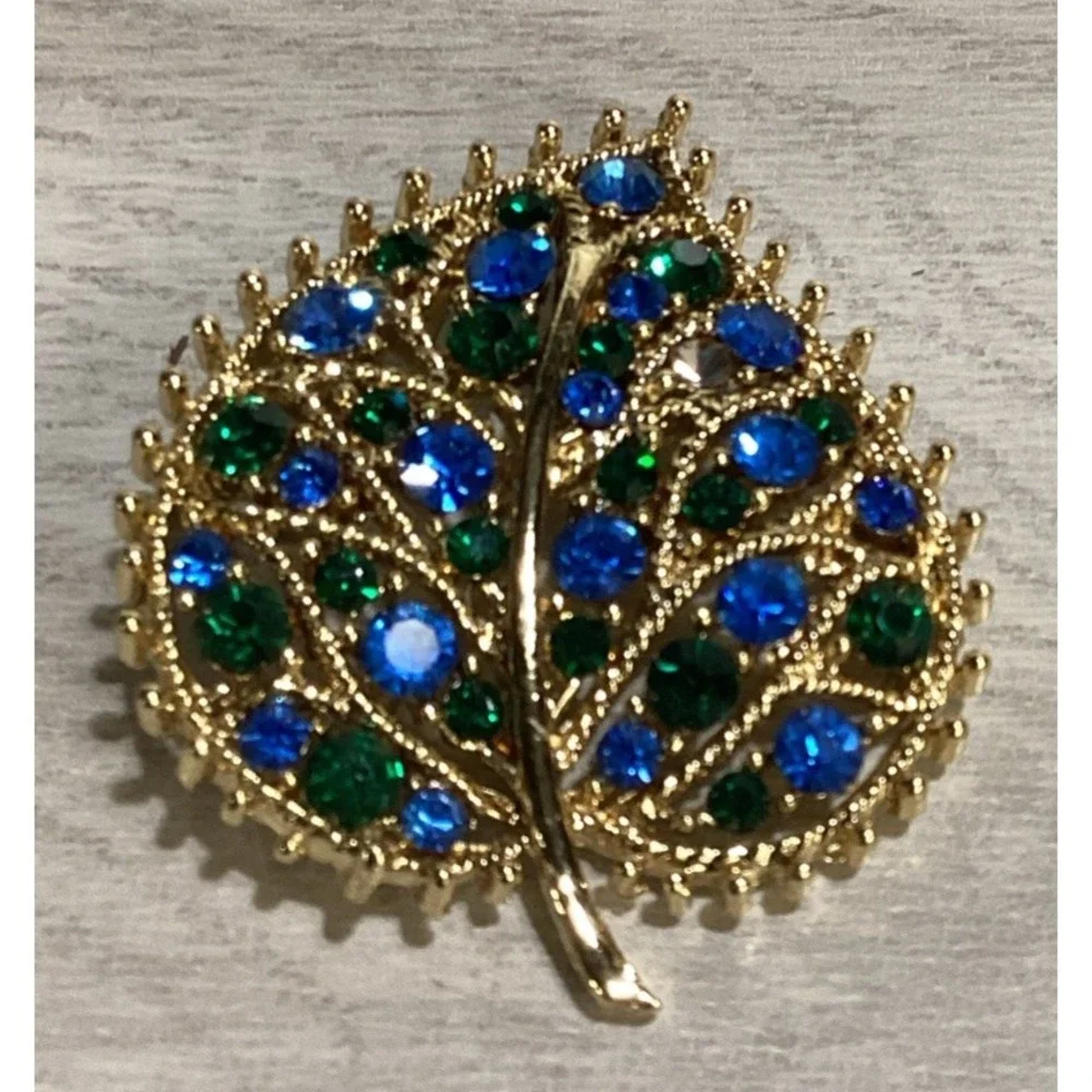 Goldtone Pin‎ w/Green & Blue Stones Textured Leaf Vintage